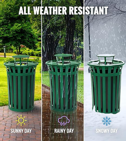 Alpine Commercial Outdoor Trash Can - 38 Gallon Heavy Duty Green Recycle Garbage Can with Liner, Flat Lid and Rain Bonnet Lid, All Weather Resistant Large Outside Trash Can for Parks, Parking, School