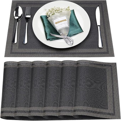 Placemats Set of 6,Washable,Heat and Stain Resistant Indoor/Outdoor Place mats,Vinyl Woven Non Slip Table Mats for Restaurant Table Protection,PVC Placemats(Black Gold,6PCS)