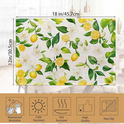 Placemats12x18 Inch,Lemons Flower Placemats,Green Leaf Kitchen Dining Coffee Table Mats Set of 6 for Home Indoor Outdoor Party