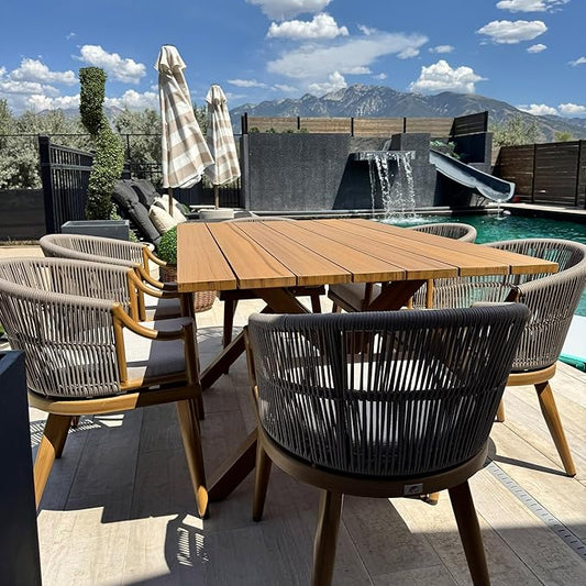 PURPLE LEAF 7 Pieces Outdoor Dining Set All Weather Wicker Patio Dining Set with Rectangular Aluminum Table and Modern Armrest Dining Chairs for Garden Deck Backyard Kitchen, Teak
