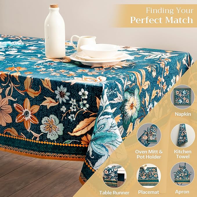 Maison d' Hermine Table Cloth Rectangle Table 100% Cotton 60 x 108 Inches Fall Tablecloth Reusable Everyday Use for Thanksgiving Christmas Decorations Dining Farmhouse Party (Luxury Loft - Dark Teal)