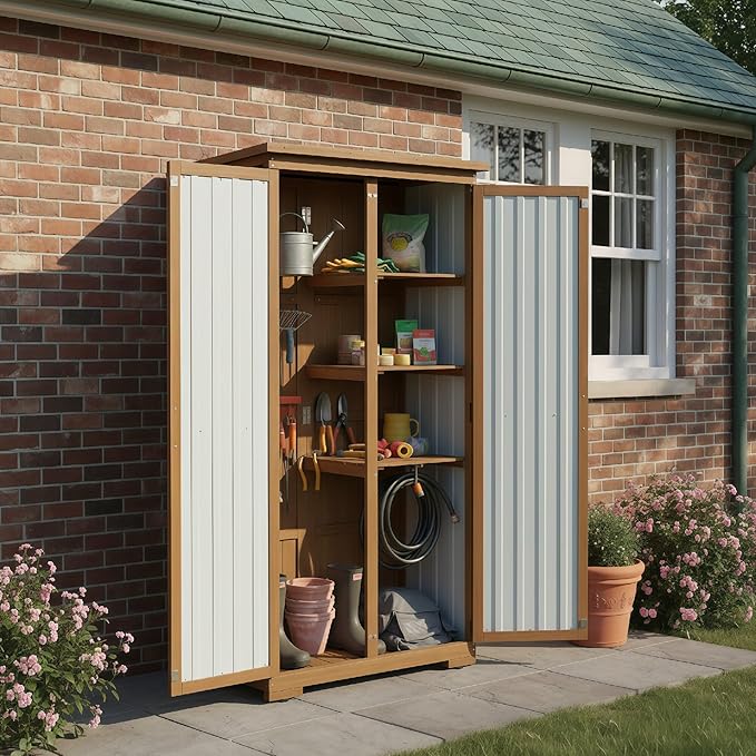 Outdoor Storage Cabinet Weatherproof, Wood & Metal Shed - Image 3