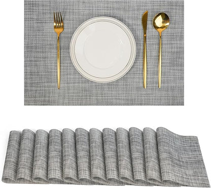 Placemats Set of 12，Non-Slip PVC Weave Table Mats Easy to Clean，Heat Resistant Place Mats for Kitchen Dining Table Decoration Indoor Outdoor，Gray