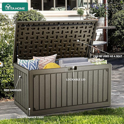 YITAHOME 90 Gallon Double-Wall Deck Box with Side Handles, Outdoor Large Storage for Patio Furniture Cushions, Garden Pool Accessories, Water Resistant & Lockable