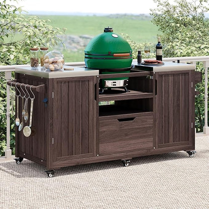 66.5" Outdoor Kitchen Island with Stainless Steel Top for Big Green Egg, Rolling Grill Cart with Adjustable Shelves, Lockable Wheels, Outdoor Table and Bar Storage Cabinet for Patio