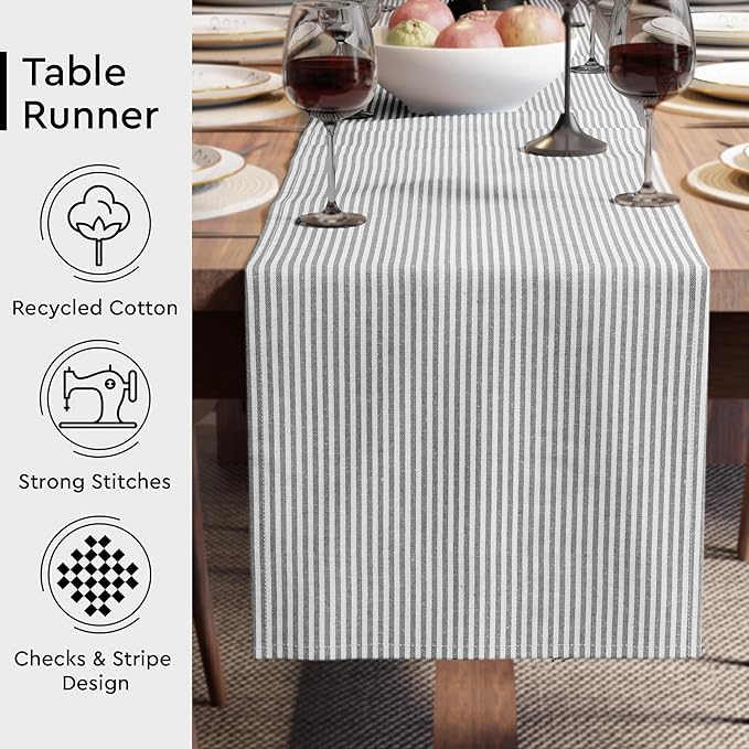 Encasa XO Cotton Dining Table Runner | Ticking Black | Size 13x59 in - Machine Washable & Durable