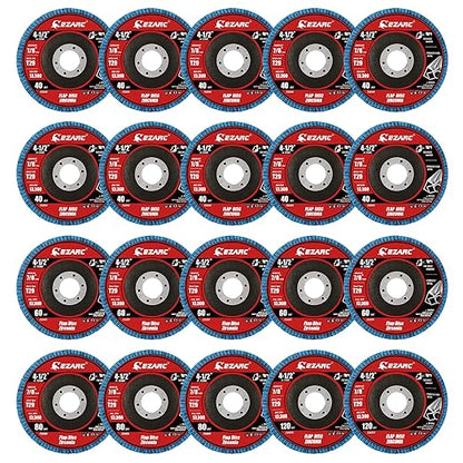 EZARC Flap Disc 20 Pack, 4.5" x 7/8", T29 Zirconia Abrasive Grinding Wheel, 40/60/80/120 Assorted Grits Flap Sanding Disc for Metal, Stainless Steel