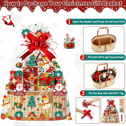 2 Set Baskets for Gifts Empty, Large Bamboo Christmas Gift Baskets with Handle, Foldable Woven Holiday Baskets for Gifts, DIY Gift Wrapping Set, Reusable Decorative Xmas Basket Kit
