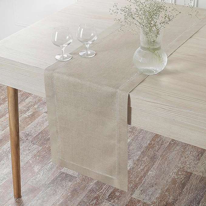 D'Moksha Homes Linen Natural Table Runner 144 Inches Long - 100% Pure Linen Extra Long Table Runner 14 x 144 Inch for Valentines, Spring, Easter - Classic Hemstitch