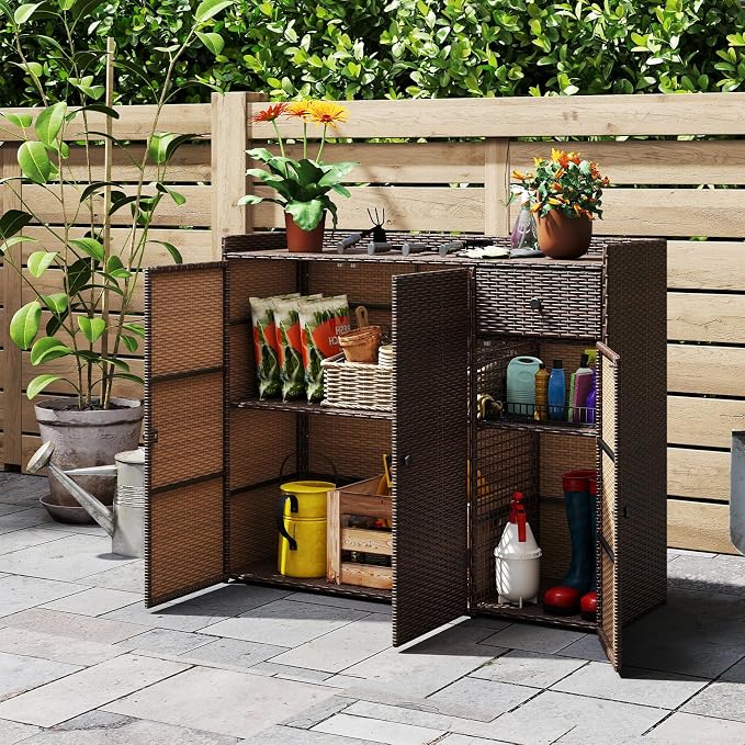Tangkula Rattan Outdoor Storage Cabinet, Patiojoy Outdoor Cabinet - Image 2