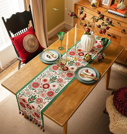 13×72 Inch Table Runner, Retro-Luxury Tassels Series for Kitchen Dining Table Holiday Decoration (Spring Blossom)
