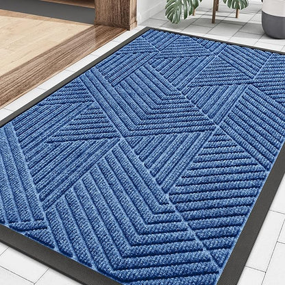 Smiry Front Door Mat Outside Entrance, Heavy Duty Sturdy Natural Rubber Doormat, Trap Dirt and Moisture, Easy Clean Low Profile Mats for Indoor Outdoor Entry, Irregular Triangle (36x24, Blue)