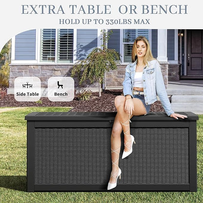 260 Gallon Large Resin deck box Waterproof,Outdoor Storage Bench,Patio Storage Box,Garden Tool Storage,Resin Large Sturdy Deck boxes with Double Wall Panels,Rattan Black
