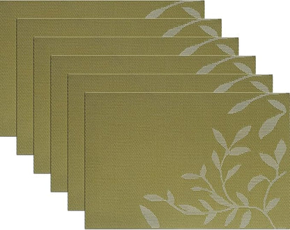 Leaf Placemats Set of 6, Non-Slip Heat-Resistant 18" x 12" Vinyl Washable Placemats for Kitchen Indoor Outdoor Party Birthdays Weddings Decoration (Green)