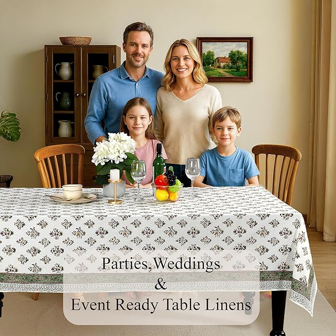 Cotton Print Club-100% Pure Cotton 80"x120" Tablecloth- Indian Hand Block Printed Rectangle - for Wedding, Mothers Day-Forest Green