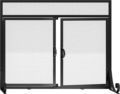Flat Fireplace Screen with Doors,Solid Wrought Iron Frame with Metal Mesh, Flat Panel Decorative Fireplace Screen with Modern Design, Free Standing Spark Guard