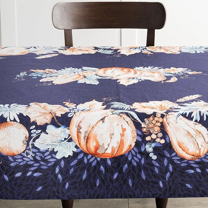Maison d' Hermine Table Cloth Rectangle Table 100% Cotton 70 x 120 Inches Fall Tablecloth Reusable Everyday Use for Thanksgiving Christmas Decorations Dining Farmhouse Party (Pumpkin Blues)