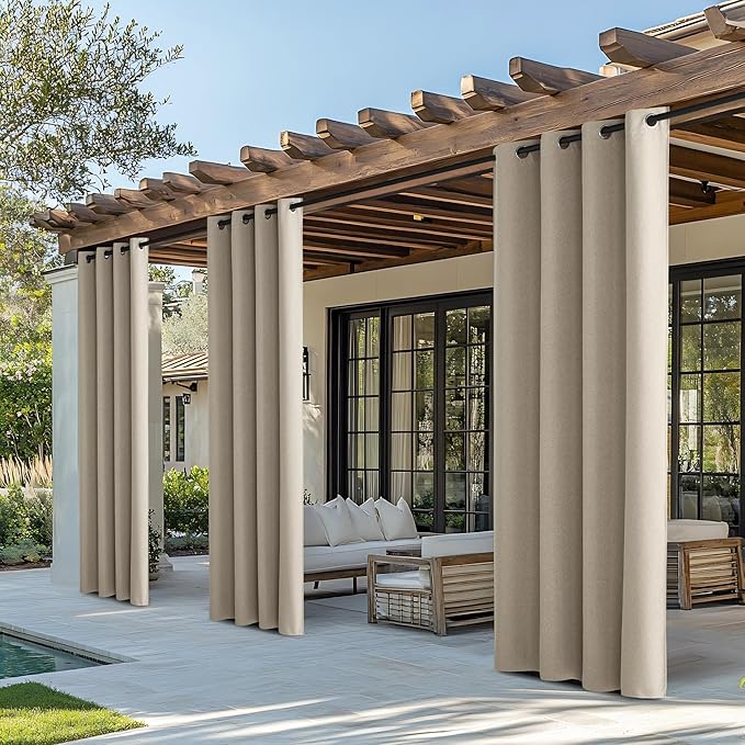 NICETOWN 100% Blackout Outdoor Curtains for Patio Waterproof 2 Panels, Linen Textured Thermal Insulated Indoor/Outside Drapes for Gazebo, Privacy Sun Shades for Porch, Garden, W52 x L84 Inch, Natural