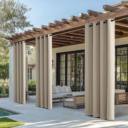 NICETOWN 100% Blackout Outdoor Curtains for Patio Waterproof 2 Panels, Linen Textured Thermal Insulated Indoor/Outdoor Drapes for Gazebo, Privacy Sun Shades for Porch, Garden, W52 x L108 Inch, Natural