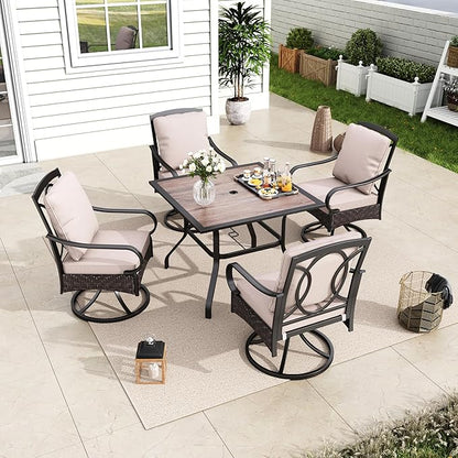MFSTUDIO 5 Pieces Patio Dining Table for 4, 37’’ Wood-Like Metal Outdoor Table and Chairs, Heavy Duty Patio Dining Sets with Swivel Chairs, All Weather Outdoor Dining Set for 4, Backyard, Porch