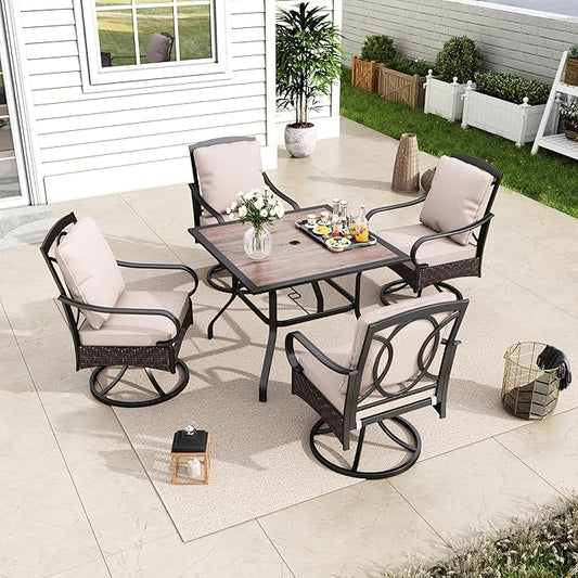 MFSTUDIO 5 Pieces Patio Dining Table for 4, 37’’ Wood-Like Metal Outdoor Table and Chairs, Heavy Duty Patio Dining Sets with Swivel Chairs, All Weather Outdoor Dining Set for 4, Backyard, Porch