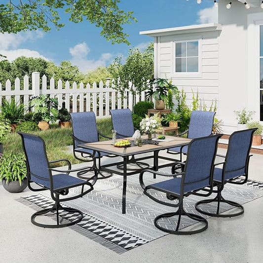 Sophia & William Patio Dining Sets Outdoor Dining Set for 6 Patio Table and Chairs Set 7 Pieces with Swivel Patio Chairs, 61"x 38" Wood Like Metal Table for Garden Pool All Weather Blue