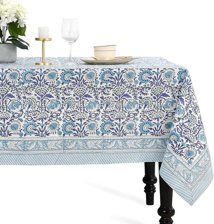 CPC Tablecloth 100% Cotton 72x140 Inch Indian Block Print Rectangle Table Cover, Blue Table Cloth for Weddings, Spring/Summer, Barbeque - Indigo Blue