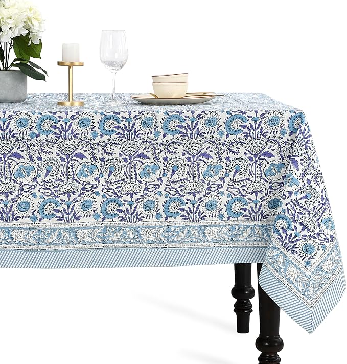CPC Cotton Tablecloth 80x120 Inch Rectangle Indian Block Print Tablecloth- Blue Washable Wedding Table Cover for Thanksgiving/Christmas- Indigo Blue