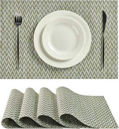 Leetaltree Green Placemats Set of 4 - Heat Resistant Non-Slip Place mats for Dining Table, Washable Durable PVC Vinyl Woven Table Mats（Green Zigzag, 4）