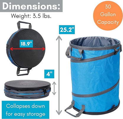 BIRDROCK HOME Collapsible Lawn and Leaf Waste Bag with Lid - 30 Gallon - Heavy Duty Reusable Camping Trash Can - Hardshell Bottom for Yard Debris, Garage Storage - Portable Garden Bin - Blue