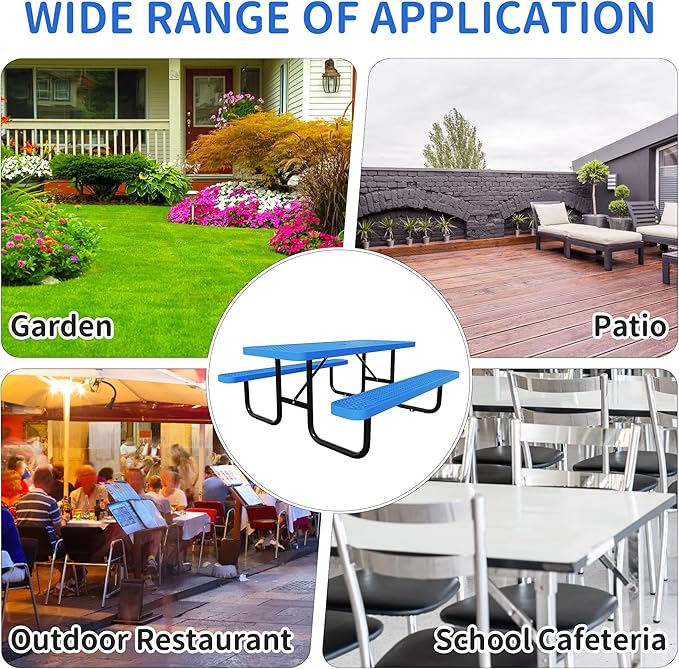 72'' Rectangular Steel Picnic Table for Outdoors,Commercial Metal Picnic Table Bench Set with Umbrella Hole,School Canteen Table W/Seats - Heavy Duty Sturdy Picnic Tables Furniture for Patio Garden