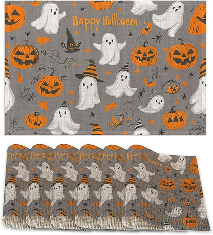 Placemats Set of 6,Pumpking Ghost Table Mats,Halloween Washable Linen Table Mats,Non-Slip Heat Resistant Placemats for Party Kitchen Dining Indoor Outdoor 12"x18"
