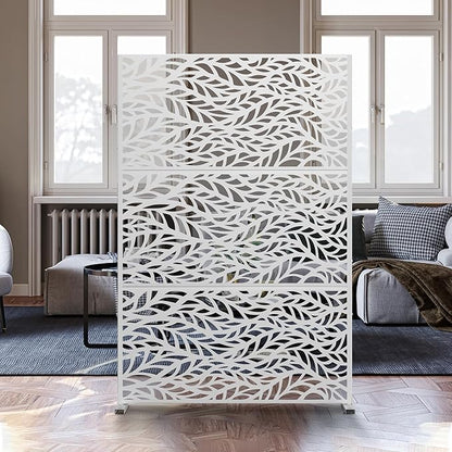 Metal Privacy Screen,72" H47 W,Freestanding Decorative Privacy Screen for Balcony Patio Lawn Garden,Privacy Fence Privacy Panel-White & Leaf