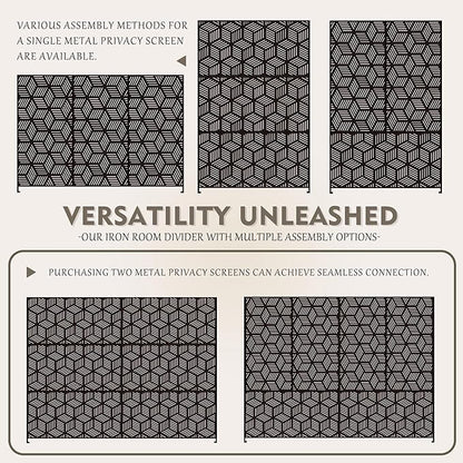 Kozyard Metal Privacy Screen 74" H x 47.2" W Decorative Outdoor Divider with Stand Panels Freestanding Screen Set for Deck Patio Balcony Garden Outdoor&Indoor(Black/Cube)