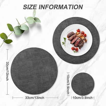 Round Faux Leather Placemats and Coasters, Set of 8, Reversible Heat Resistant Non-Slip Table Mats, Waterproof Wipeable Place Mats for Dining Table, Washable for Indoor & Outdoor (8, Dark Grey)