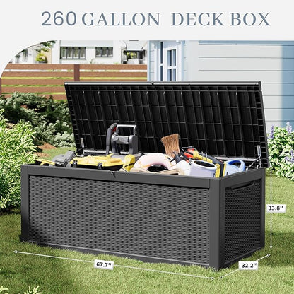 NUNU LAB 260 Gallon Outdoor Storage Box, Large Resin Deck Box with Double Wall Panels, Waterproof Patio Storage Bin for Garden Tools, Pool Accessories, Package Deliveries & Outdoor Gear
