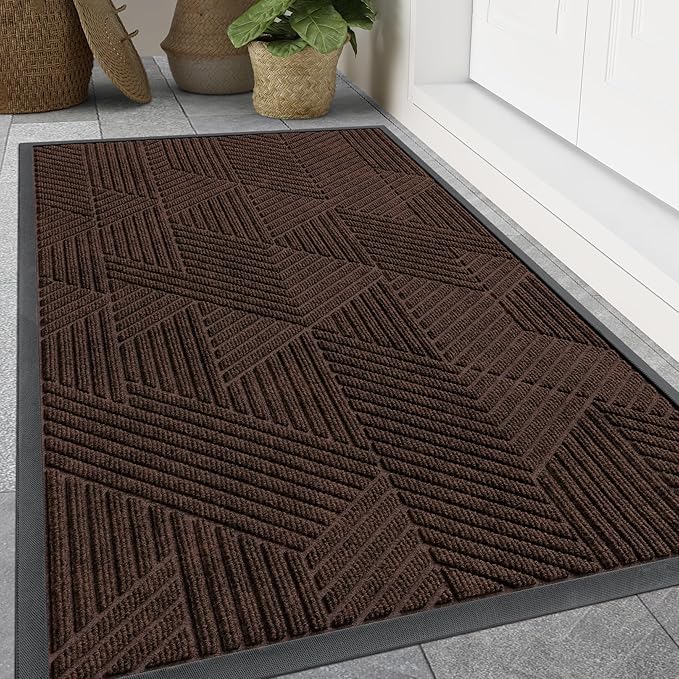 Smiry Front Door Mat Outside Entrance, Heavy Duty Sturdy Natural Rubber Doormat, Trap Dirt and Moisture, Easy Clean Low Profile Mats for Indoor Outdoor Entry, Irregular Triangle (59x24, Dark Brown)