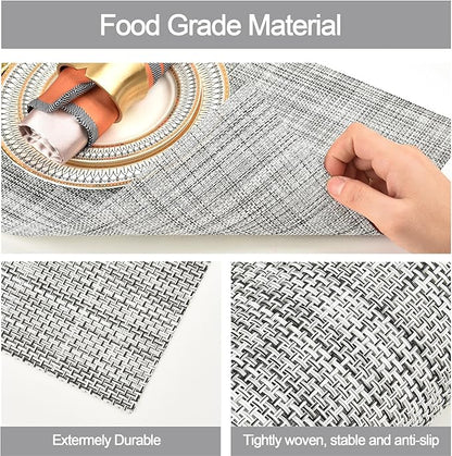 SLKQG Gray Placemats Set of 8 - Easy Clean Washable Vinyl Placemats - Wipeable Heat Resistant Table Mats for Dining Table - 17.7x11.8 Inch (8, Gray Black White)