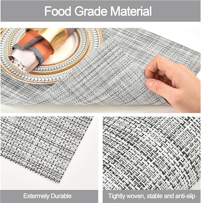 SLKQG Gray Placemats Set of 4 - Easy Clean Washable Vinyl Placemats - Wipeable Heat Resistant Table Mats for Dining Table - 17.7x11.8 Inch (4, Gray Black White)