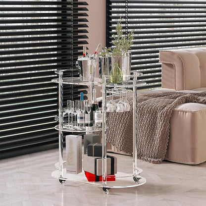 Dethan Acrylic Bar Cart with 4 Lockable Wheels, Clear 3-Tier Rolling Serving Cart with Glass Holder, Oval Modern Home Beverage for Kitchen, Dining Living Room, Space-Saving, 15" D x 23.6" W x 32.3" H