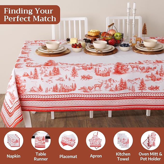 Maison d' Hermine Table Cloth Rectangle Table 100% Cotton 60 x 108 Inches Fall Tablecloth Reusable Everyday Use for Thanksgiving Christmas Decorations Dining Farmhouse Party (Winter Jouy)