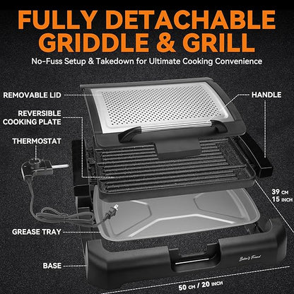Baker’s Friend Indoor Searing Grill & Griddle, Electric Griddle with 2 in 1 Indoor Grill and Griddle Plate Indoor Grill with Removable Plate & Lid, Silicone Mold, Dishwasher Safe, Graphite