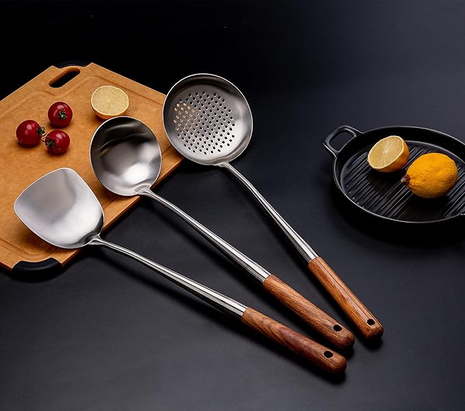 FJNATINH Wok Spatula and Ladle,Skimmer Ladle Tool Set, 17inches Spatula for Wok, 304 Stainless Steel Cooking Utensils