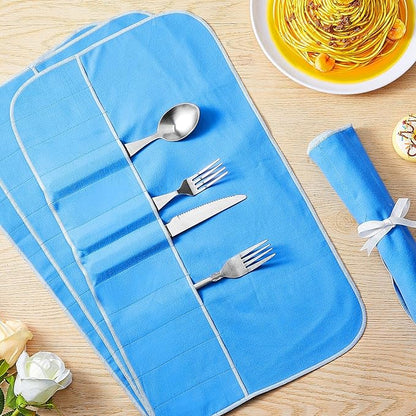 4 Pieces Anti Tarnish Silver Storage Bags silverware Blue Holder for Flatware Storage Organizer Place Setting Roll with White Ribbon for Kitchen Utensils