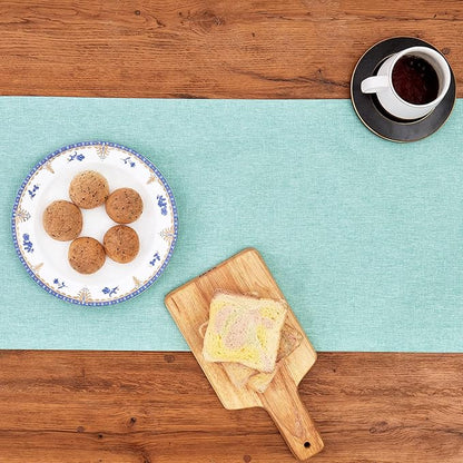 Mebakuk Linen Farmhouse Table Runner Large Burlap Style Soft and Waterproof Decorative Fabric Runner for Outdoor Wedding and Dinner (14 x 120 Inch, Turquoise Blue)