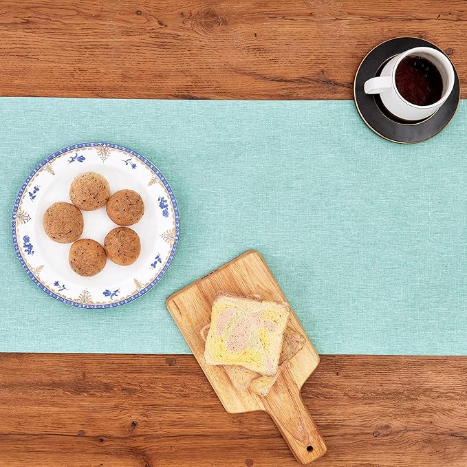 Mebakuk Linen Farmhouse Table Runner Large Burlap Style Soft and Waterproof Decorative Fabric Runner for Outdoor Wedding and Dinner (14 x 108 Inch,Turquoise Blue )