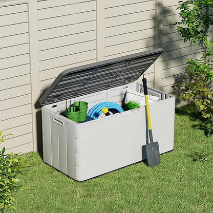100 Gallon Plus Resin Deck Box, Waterproof Outdoor Storage Box for Patio Furniture, Garden Tools, and Pool Accessories, Lockable UV-Resistant Storage Bin Bench Cabinet for Outside, White