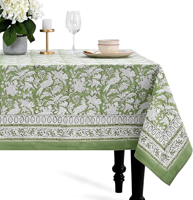 CPC Tablecloth 100% Cotton 60x90 Inch Indian Block Print Rectangle Table Cover, Washable Table Cloth for Weddings, Spring/Summer, Barbeque - Olive Green