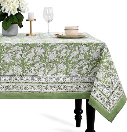 CPC Cotton Tablecloth 80x120 Inch Rectangle Indian Block Print Tablecloth- Green Washable Wedding Table Cover for Thanksgiving/Christmas- Olive Green