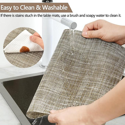 SLKQG Placemats Set of 4 - Easy Clean Washable Vinyl Placemats - Wipeable Heat Resistant Table Mats for Dining Table - 17.7x11.8 Inch (4, Gray & Gold Two-Tone)